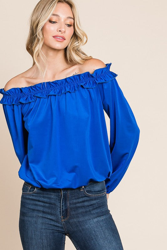 OFF SHOULDER RUFFLE LONG SLEEVE BLOUSE