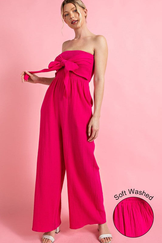 STRAPPLESS SMOCKED JUMPSUIT