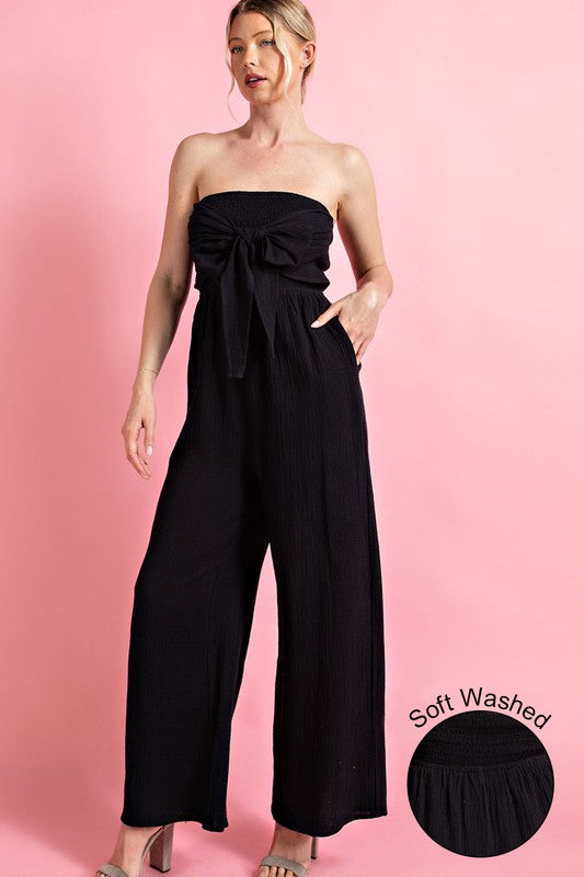 STRAPPLESS SMOCKED JUMPSUIT