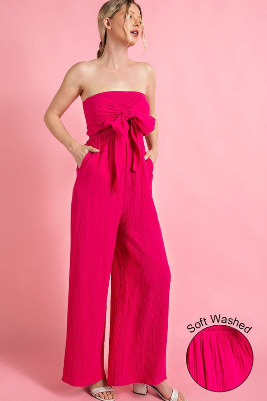 STRAPPLESS SMOCKED JUMPSUIT