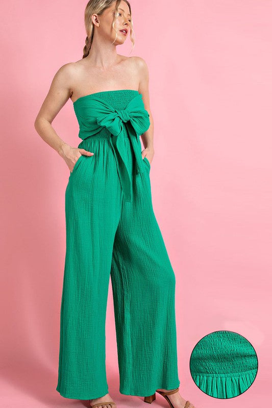 STRAPPLESS SMOCKED JUMPSUIT