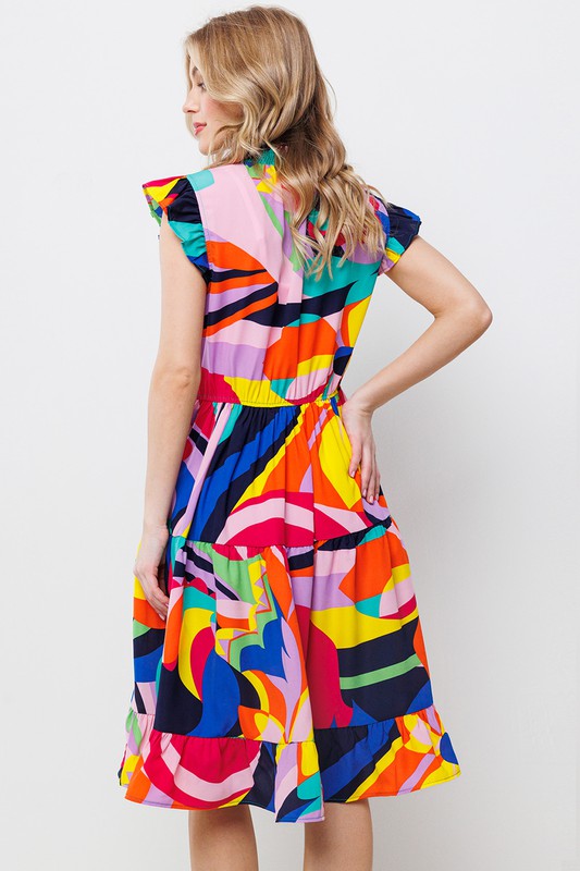 MULTI COLOR RUFFLED  SLEEVE TIERED MINI DRESS