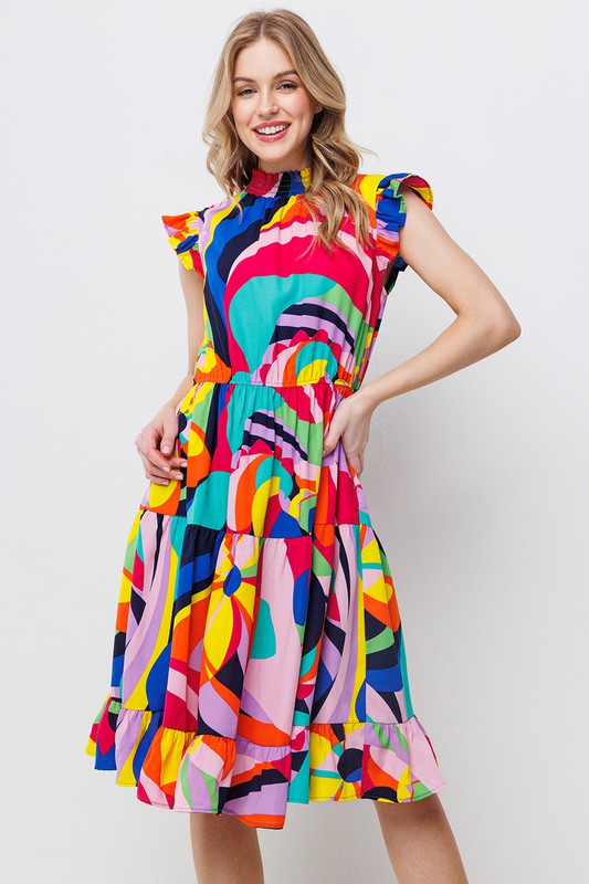 MULTI COLOR RUFFLED  SLEEVE TIERED MINI DRESS