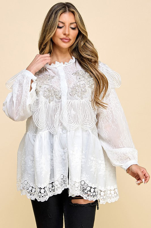 OVERSIZED EMBROIDERED FLOWERS BLOUSE