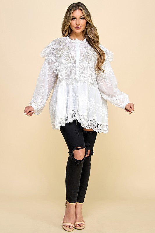 OVERSIZED EMBROIDERED FLOWERS BLOUSE