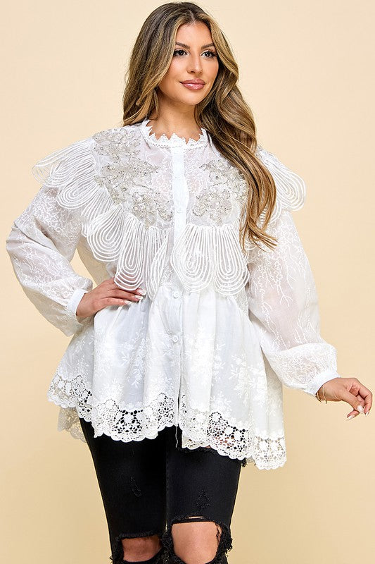 OVERSIZED EMBROIDERED FLOWERS BLOUSE