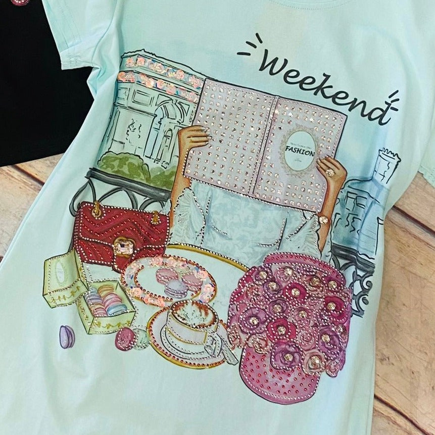 RHINESTONE DETAILING WEEKEND TSHIRT