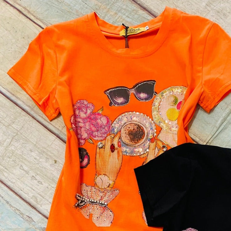 RHINESTONE DETAILING COFFEE TSHIRT